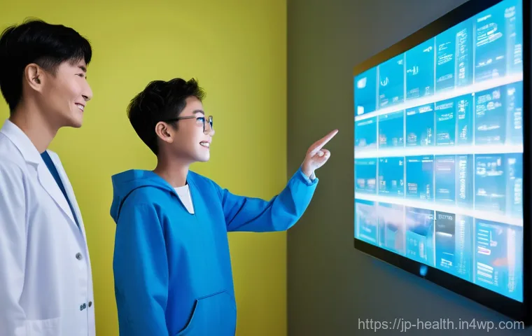 의료기록 시스템에서의 스마트 계약 활용 - **Prompt:** A young, diverse group of people, including a smiling elderly woman, a father with his c...