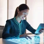 의료 데이터의 개인 정보 보호와 탈중앙화 - **Prompt:** A confident, smiling adult woman in her late 30s, elegantly dressed in smart casual atti...