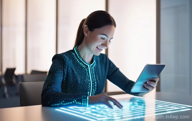 의료 데이터의 개인 정보 보호와 탈중앙화 - **Prompt:** A confident, smiling adult woman in her late 30s, elegantly dressed in smart casual atti...