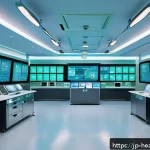 환자 데이터 안전성을 위한 암호화 기술 - A futuristic hospital control room glowing with soft blue and green lights, showcasing advanced quan...