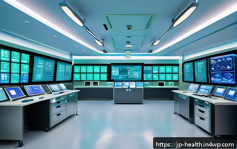 환자 데이터 안전성을 위한 암호화 기술 - A futuristic hospital control room glowing with soft blue and green lights, showcasing advanced quan...