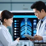 의료기록의 표준화 필요성과 방안 - A modern hospital setting in Japan showcasing a high-tech electronic medical record system in use. T...