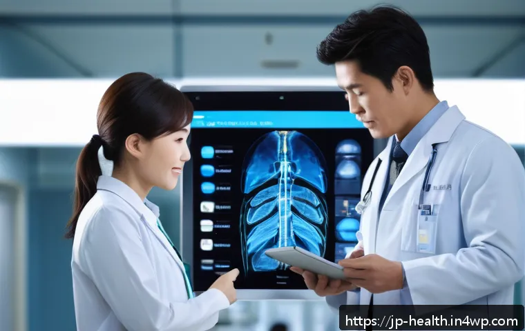 의료기록의 표준화 필요성과 방안 - A modern hospital setting in Japan showcasing a high-tech electronic medical record system in use. T...
