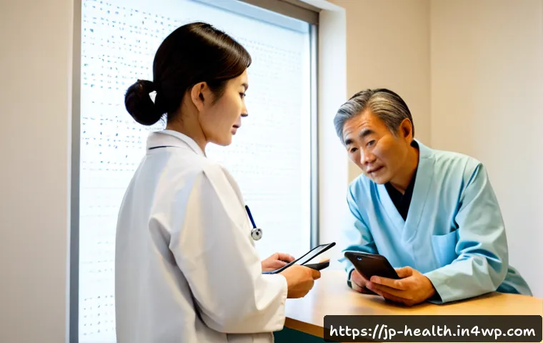 탈중앙화 의료기록의 구조적 변화 - Photorealistic modern Japanese clinic consultation room, an elderly Japanese patient and a young doc...