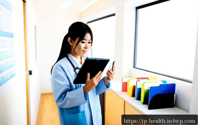 의료기록 관리의 효율성 극대화 전략 - Photorealistic modern Japanese clinic office, organized medical records management workflow, a healt...